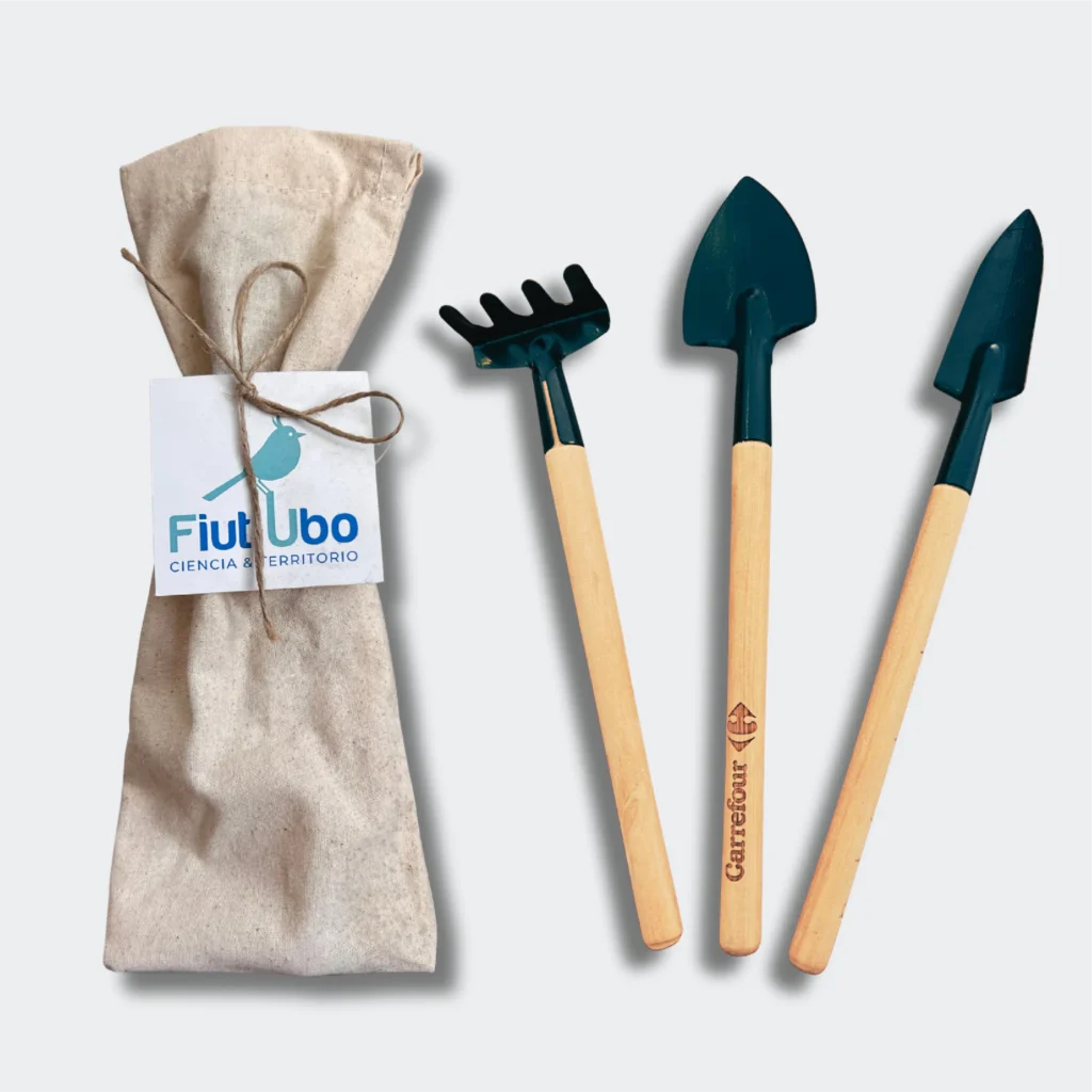Set de herramientas de jardineria con bolsa de algodón, rastrillo, pala ancha y pala delgada