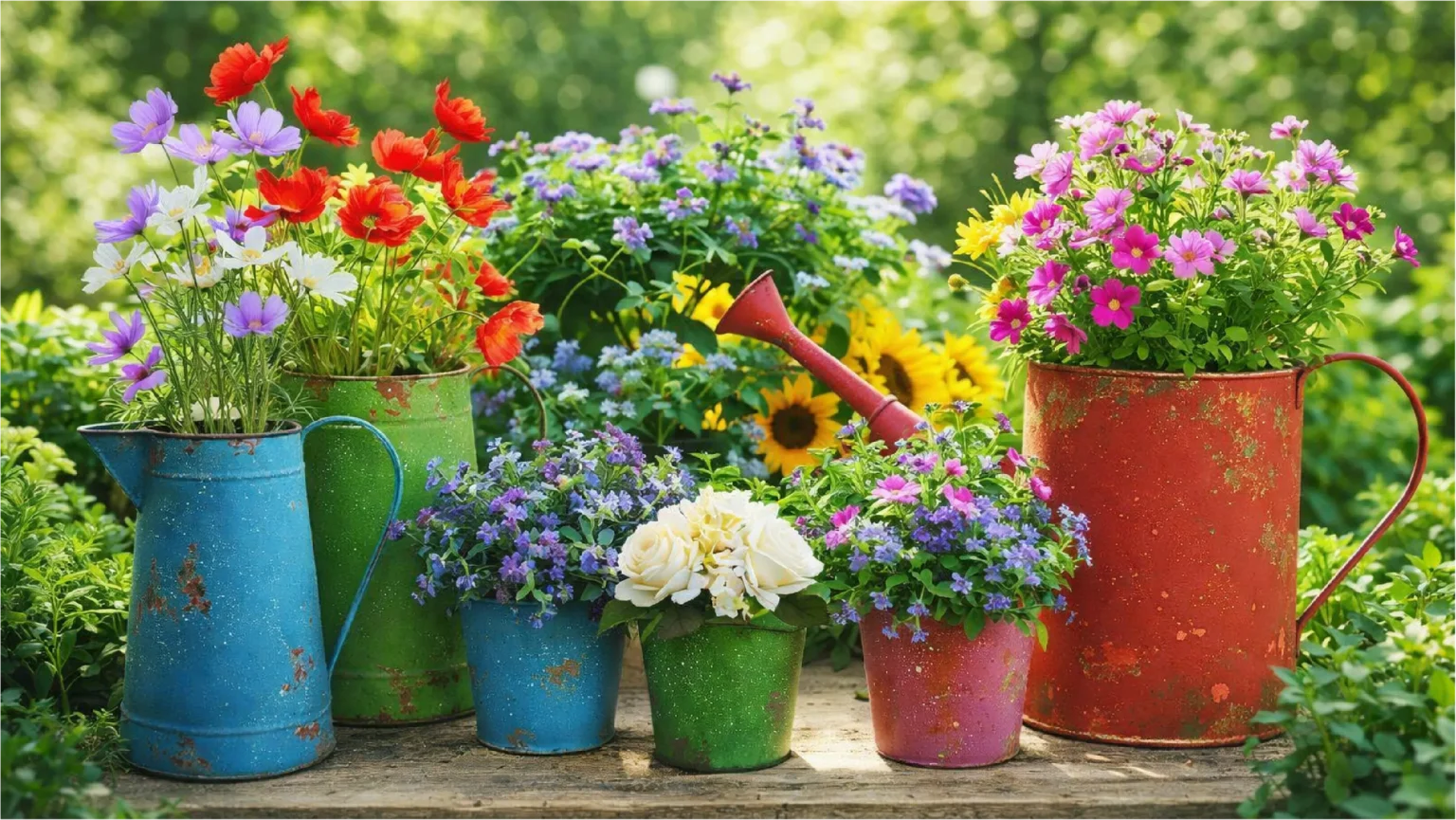 Macetas y regaderas metálicas de colores con flores naturales sobre una mesa de madera en un jardín luminoso.