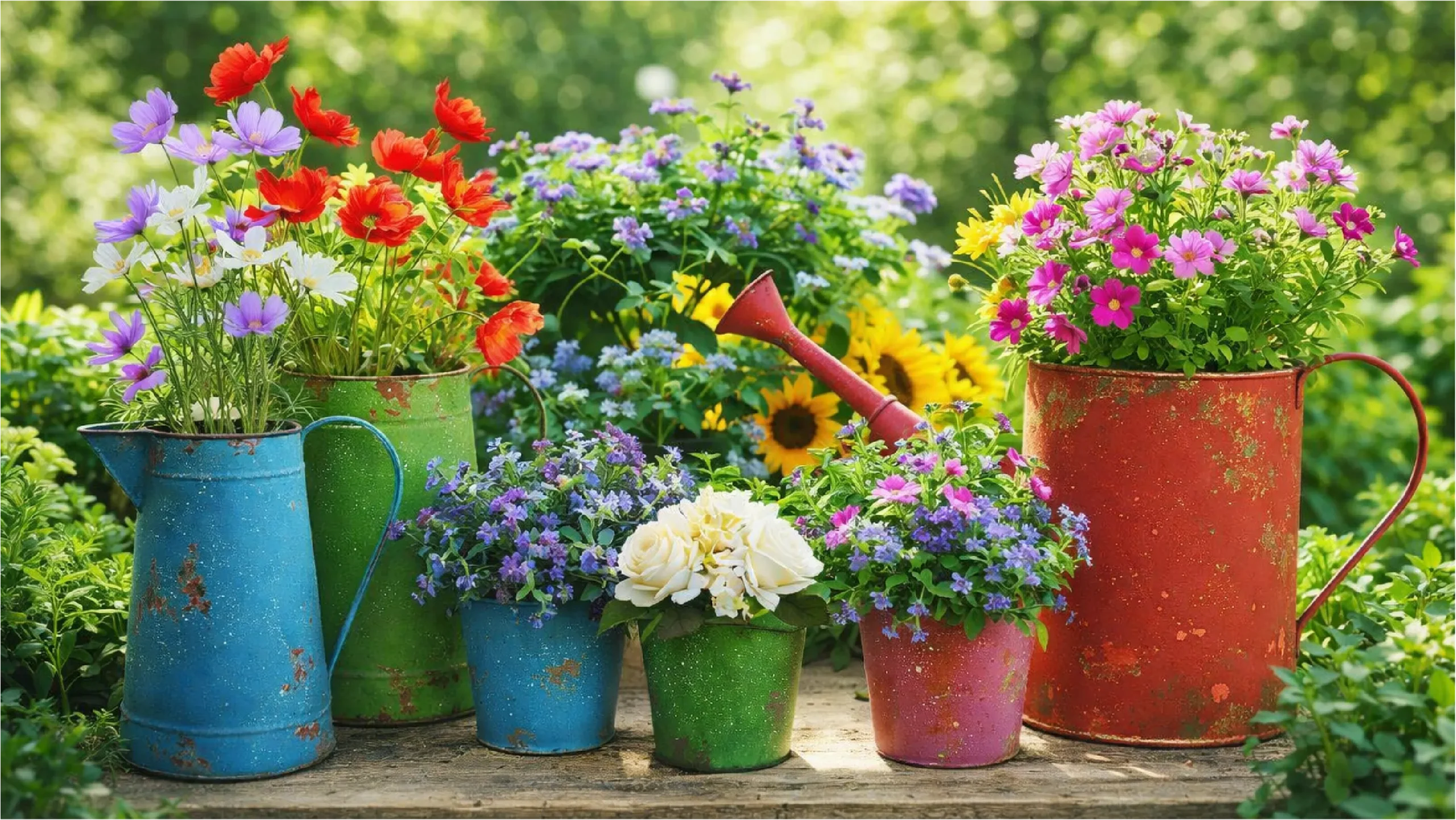 Macetas y regaderas metálicas de colores con flores naturales sobre una mesa de madera en un jardín luminoso.