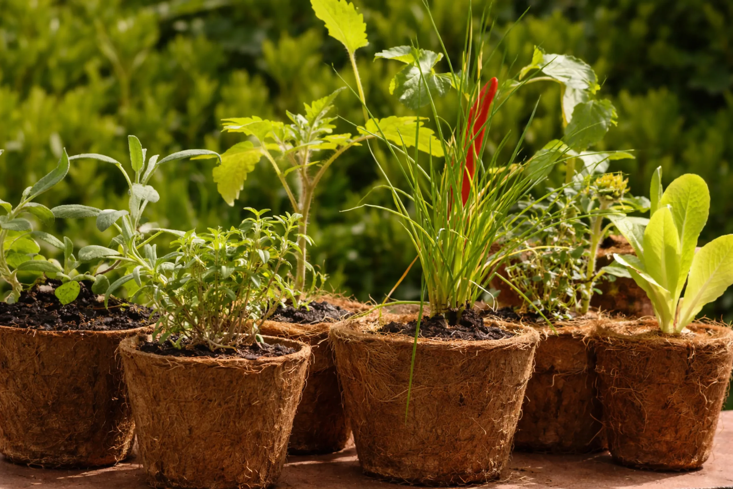 Plantas cultivadas en maceteros de fibra de coco utilizados como sustrato natural en jardinería