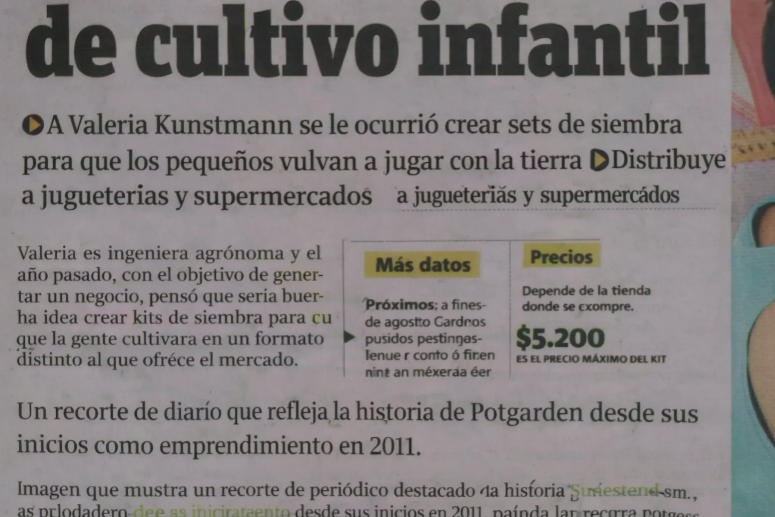 Recorte de prensa que muestra el origen de Potgarden como emprendimiento de jardinería en 2011