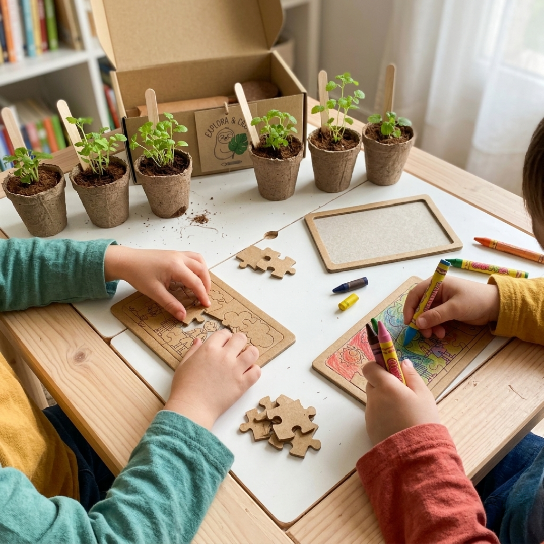niños jugando con un puzzle y plantas a su alrededor